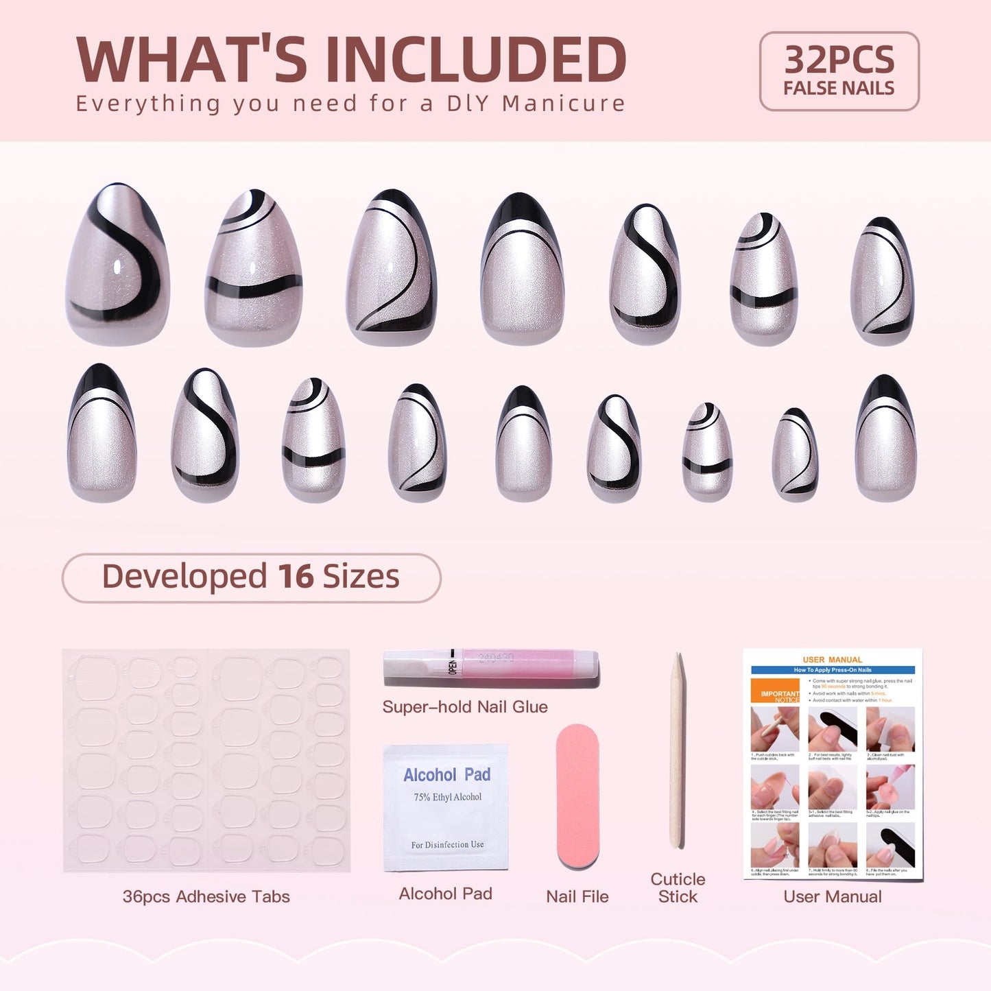 RTKHFZE Press on Nails Almond - Soft Gel Swirl French Tip Press On Nails Short with Nails Glue,Cat's Eye Nails Tips,Fit Perfectly,Reusable Stick on Nails in 16 Sizes - 32Pcs Gel False Nails Kit