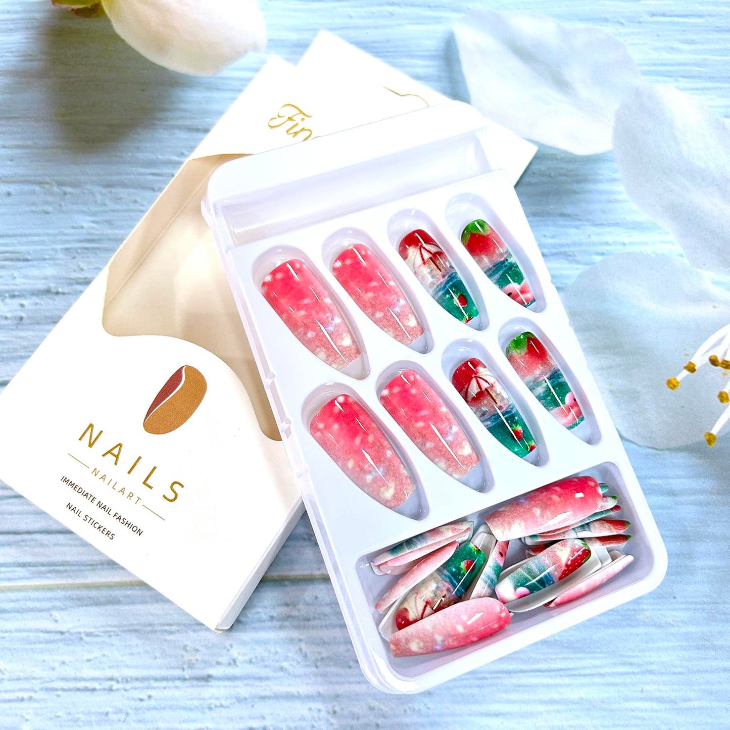 Press on Nails Long Ballet Shaped Strawberry Cute Duck Pattern Design Pink Acrylic Fake Nail Full Cover Glossy Artificial Stick on Nails Summer Artificial Fingernails DIY Glue on Nails for Women