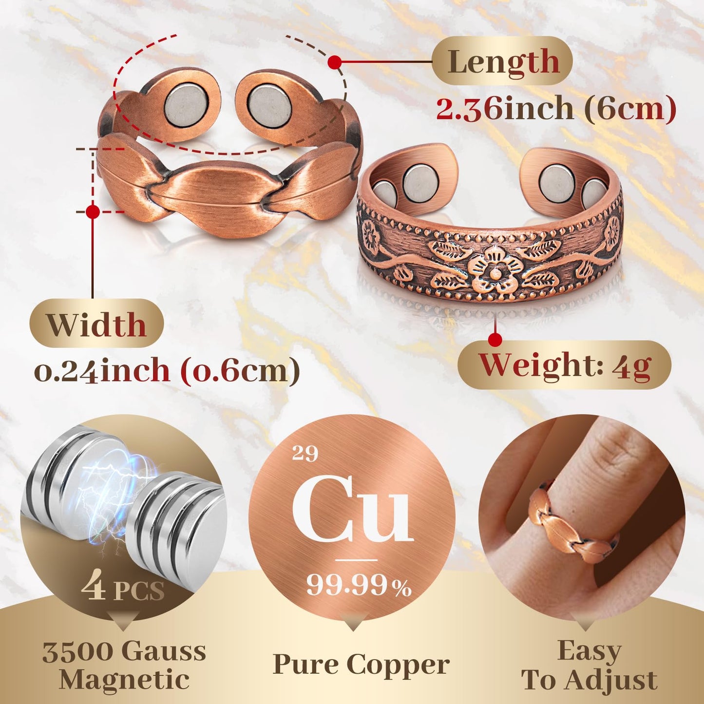 Copper Band for Women, Magnetic Bands with 3500 Gauss Magnets, 99.99% Pure Copper Jewelry with Gift Box