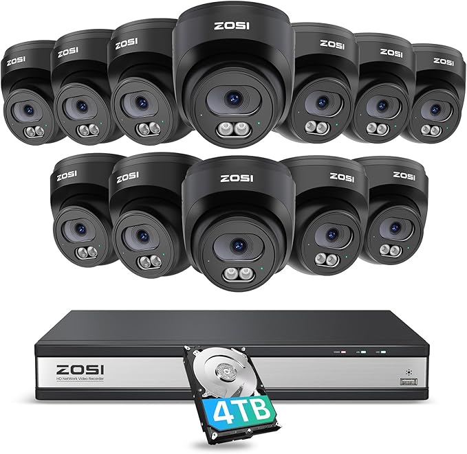 ZOSI C220 16CH 4K PoE Home Security Camera System, 16 Channel 4K 8MP NVR with 4TB HDD for 24/7 Record, 12 x 4MP(1440p) QHD 2.5K Dome IP Cameras Outdoor Indoor, Smart AI Human Detection, Two-Way Audio