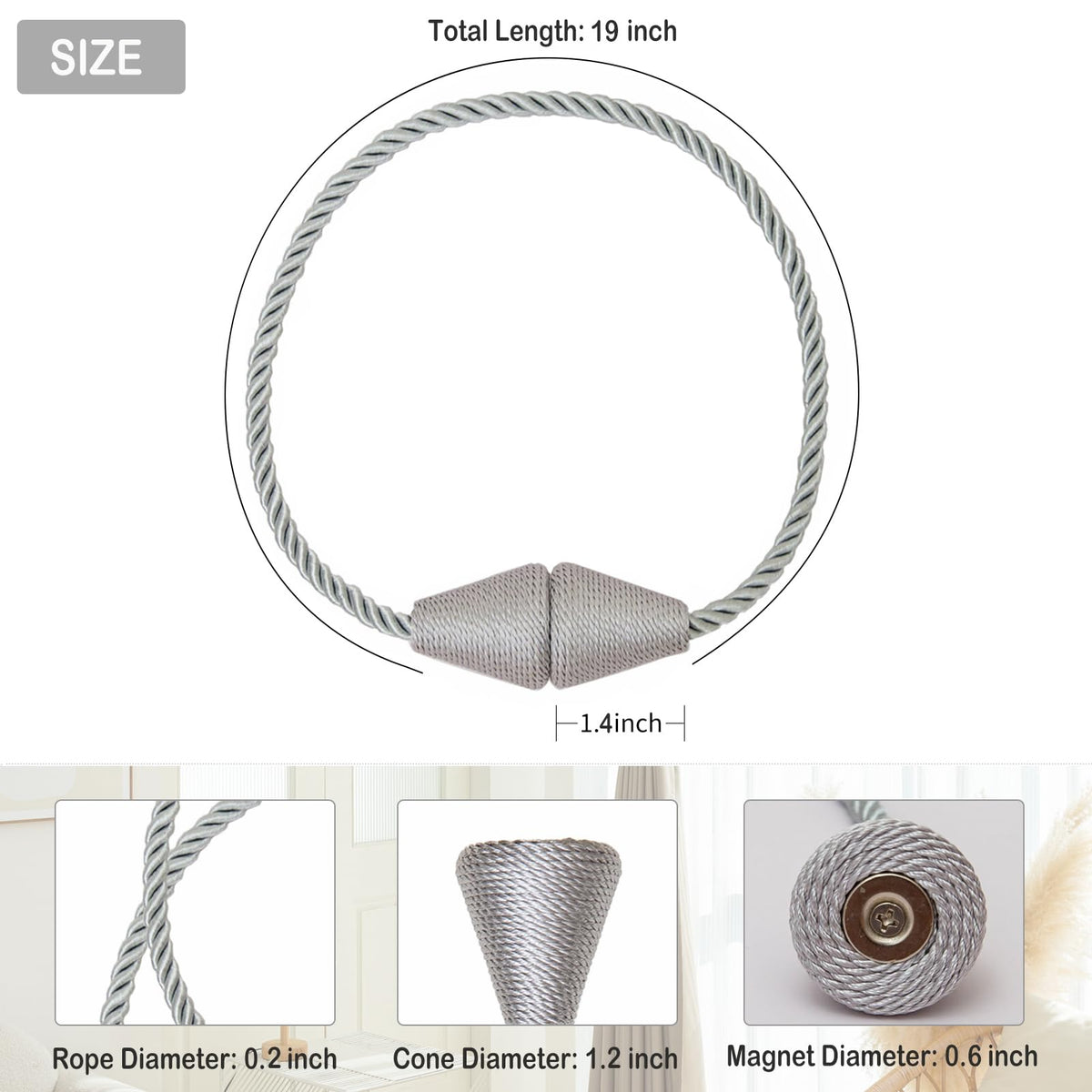 Magnetic Curtain Tiebacks 6 Pack Outdoor Rope Curtain Tie Backs Decorative Window Treatment Holdbacks for Home Decorative Curtain (6 Count)