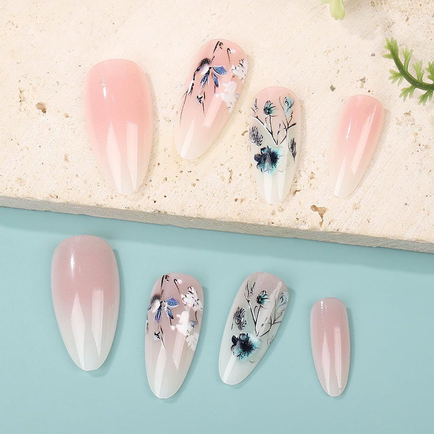 CJDLTS 24Pcs Almond Tip Acrylic Fake Nail Pink White Gradient Press on Nails Medium Length Blue Flower Pattern Design Full Cover Glossy Artificial Fingernails Summer Acrylic Stick on Nails for Women