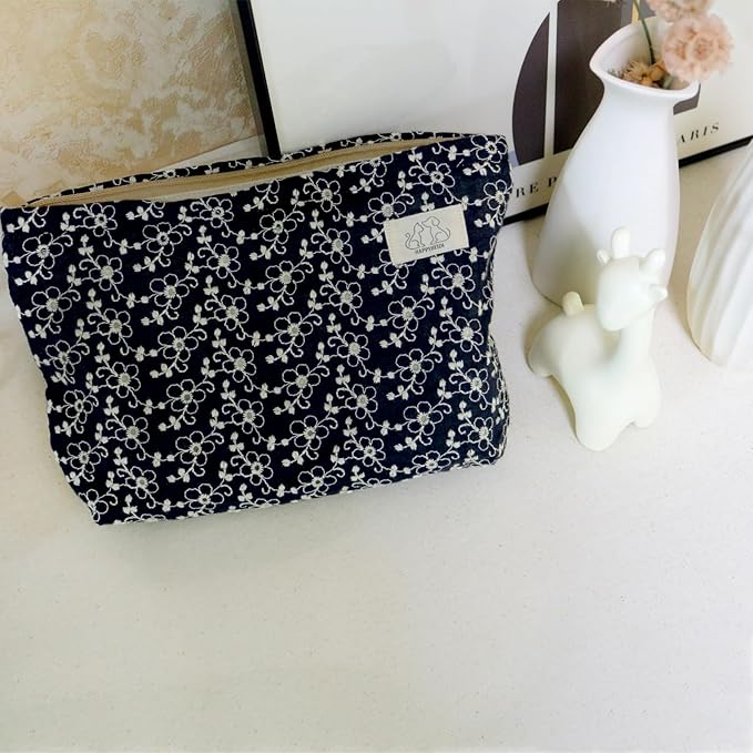 HAPPYHEIDI Soft Embroidered Floral Makeup Bag Cosmetic Travel Pouch, Canvas Lined, Make Up Purse Organizer,Cute Black