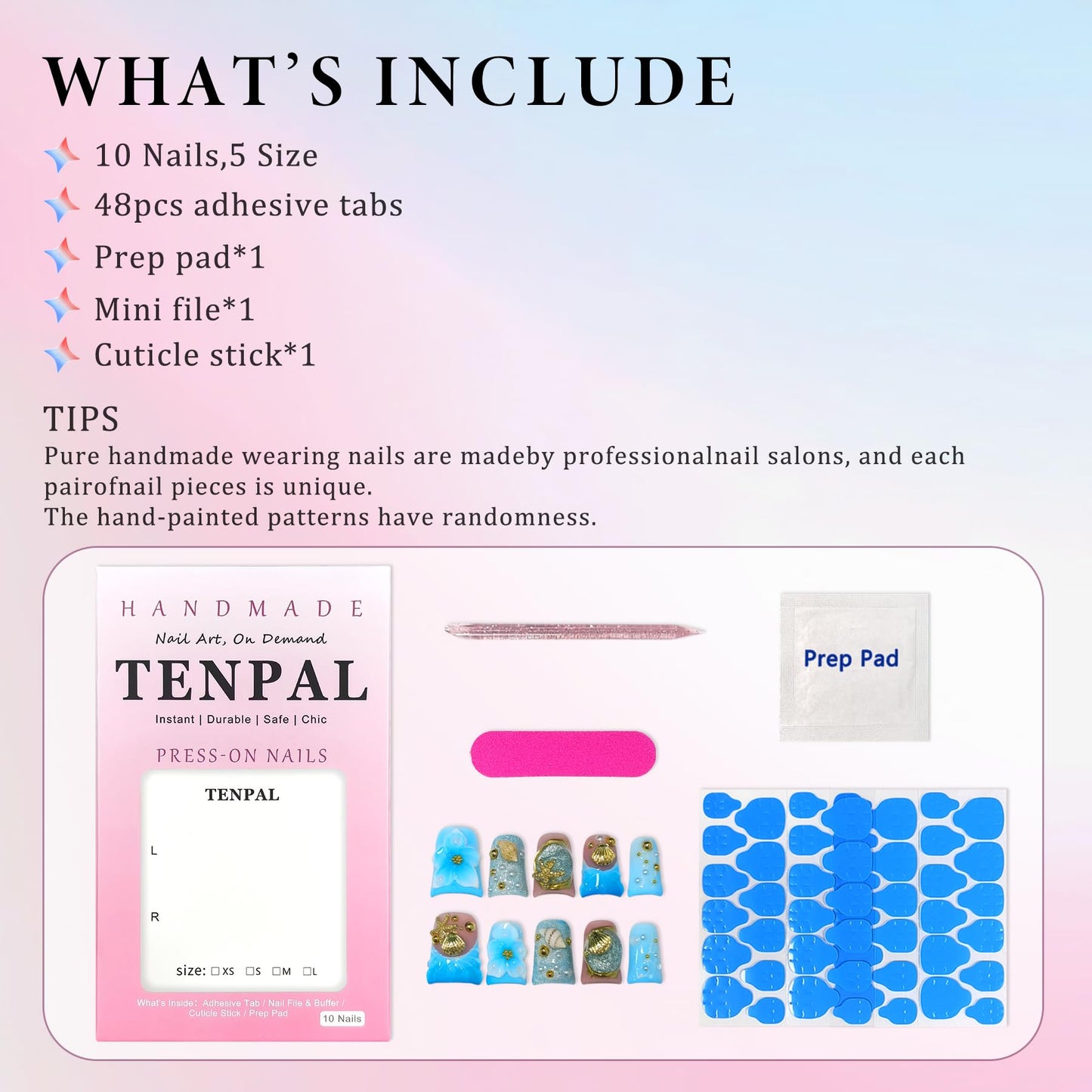 TENPAL Handmade Duckbill Press on Nails Short - Ocean Blue 3D Shell Starfish Glitter Design Fake Nails with Tools, Acrylic Glossy Reusable Y2K False Duck Nails for Women Girls(L)