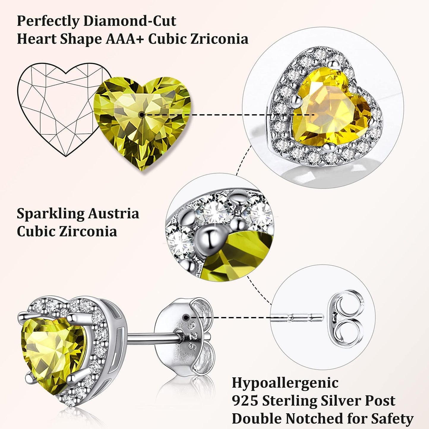 Bestyle 925 Sterling Silver Infinite Birthstone Heart Stud August Peridot Birthstone Earrings, Dainty Love Statement Stud Earrings, Birthday/Valentines/Christmas Gift for Women/