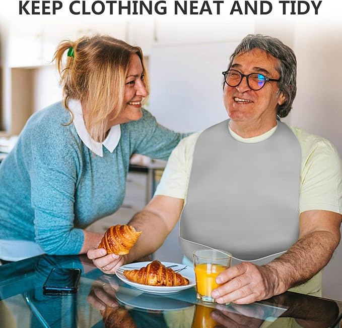Adult Bibs for Eating - Silicone Bibs for Men, Women Elderly - Washable Adult Bib with Crumb Catcher (Gray)