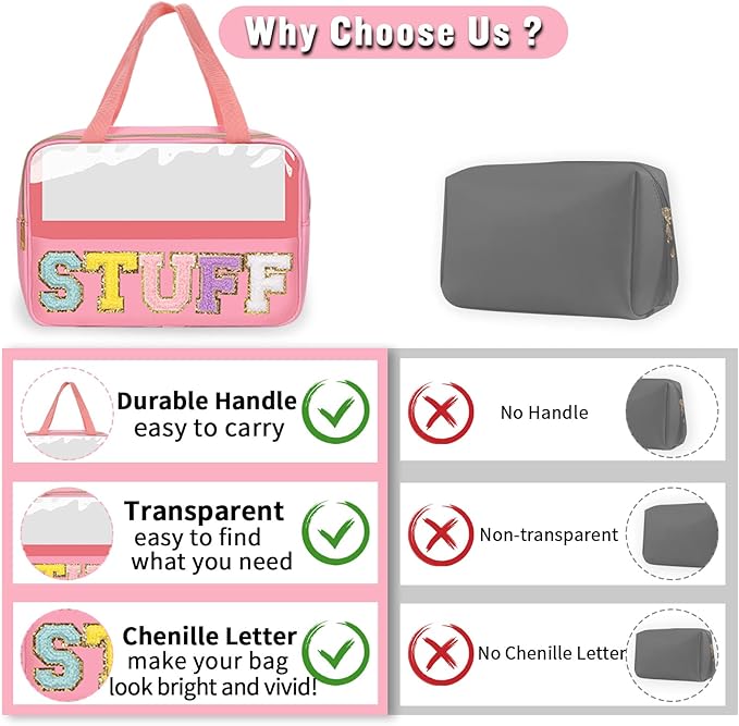 Preppy Clear Stuff Makeup Bags with Chenille Letter Patches, Travel Essentials Large Clear Make up Bag Zipper Pouch with Handle, Waterproof Nylon Cosmetic Toiletry Storage Tote for Women (STUFF-Pink)