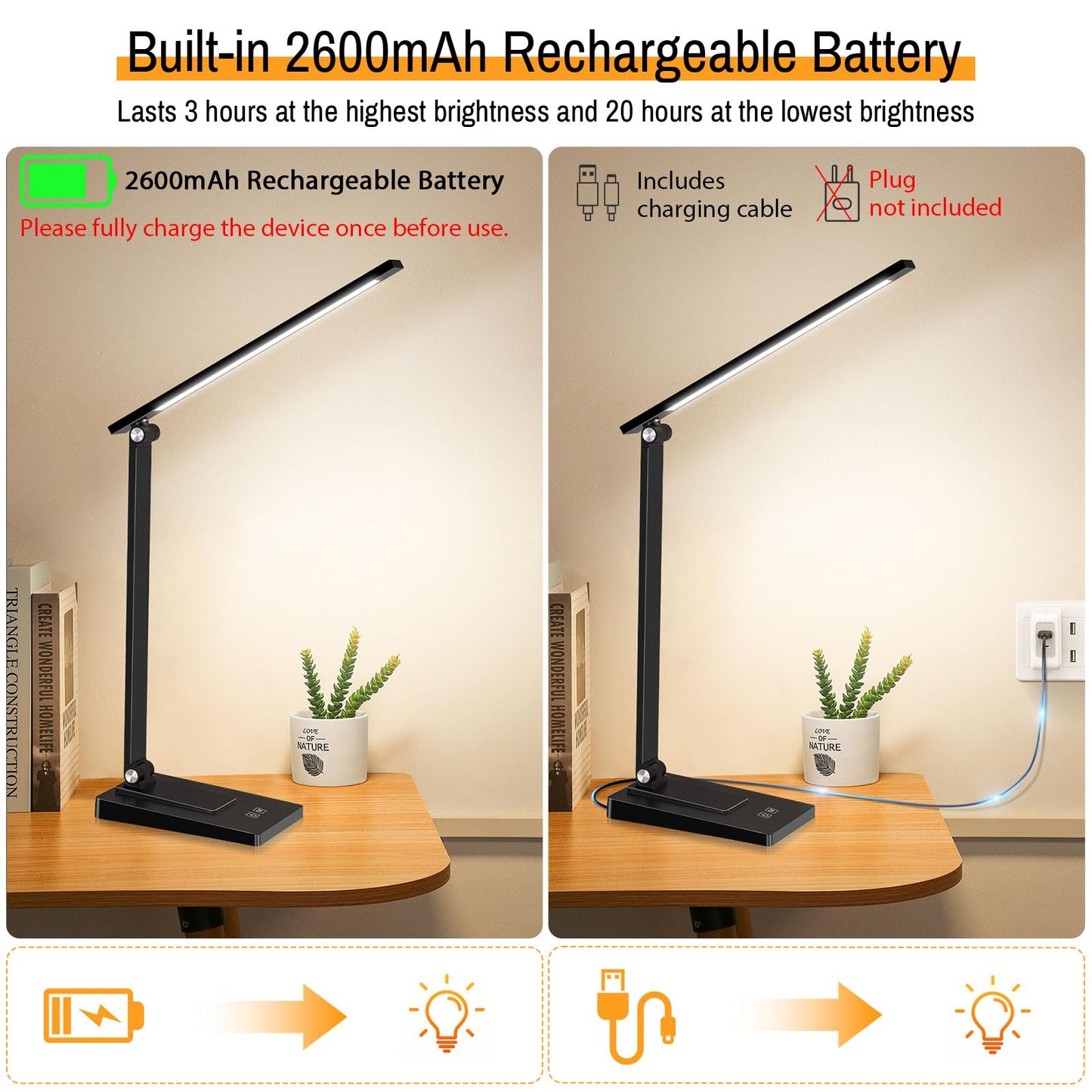 ErayLife Rechargeable LED Desk Lamp, 800LM 2600mAh Reading Table Lamp, 5 Color Modes 5 Brightness Touch LED Desk Lamps, Bedside Lamp with USB Charging Port for Study Home Office Nail, Black