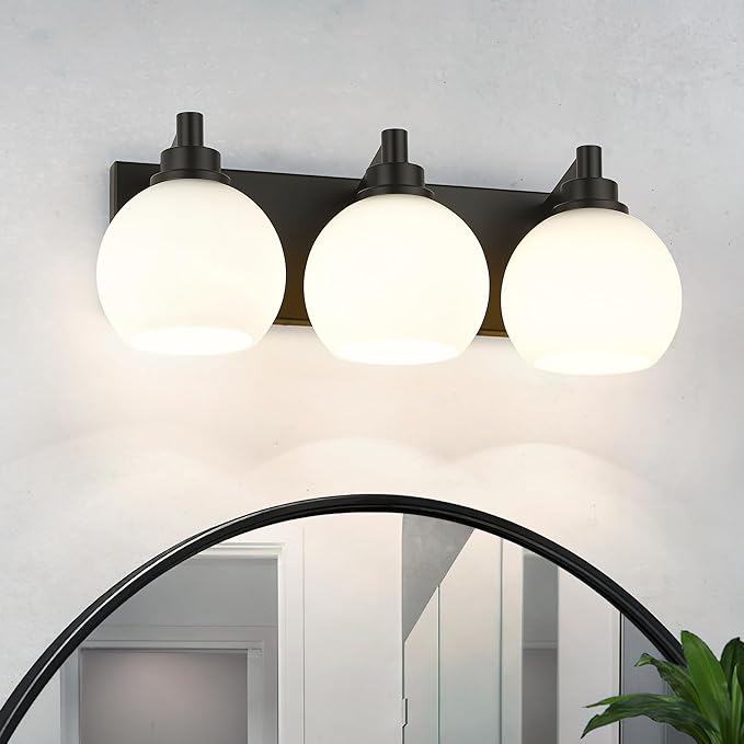 METWET Bathroom Light Fixtures, 3-Light Matte Black Vanity Light, Modern Wall Sconces with Milk White Globe Glass Shade, Vanity Lighting Fixtures Over Mirror, VL195-MB-ML-3