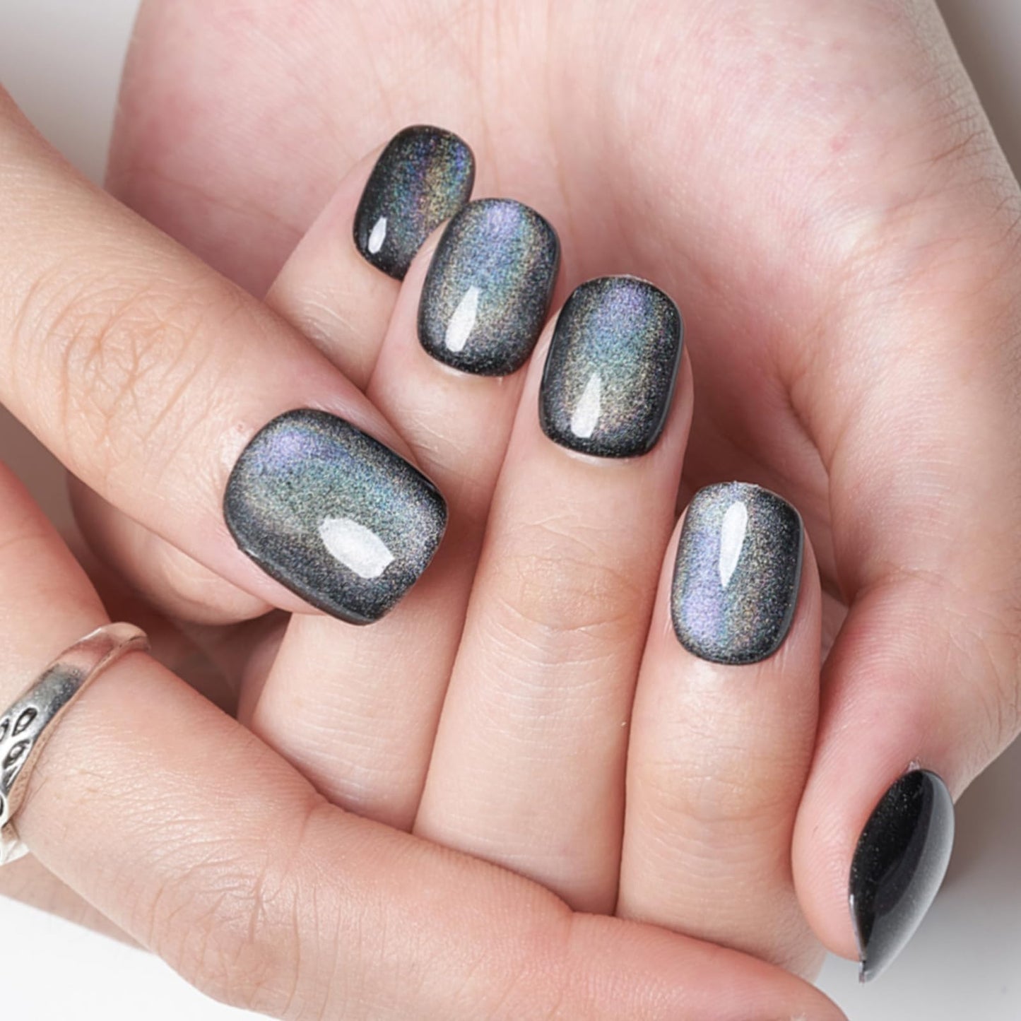 GLAMERMAID Press on Nails Extra Short Squoval, Handmade 2 Packds Pearl Chrome & Black Rainbow Gel Glue on Nails