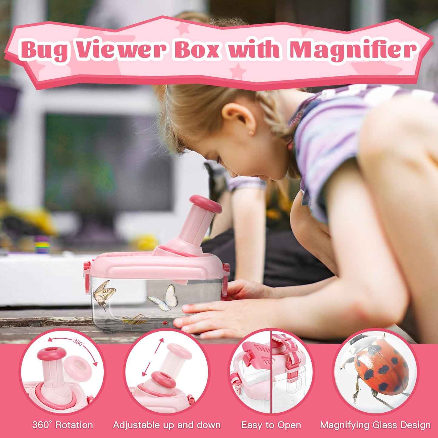 Funsland Bug Catcher Kit for Kids - 17 PCS Outdoor Explorer Kit Insect Catching Toys Nature Adventure Set for Boys 3 4 5 6 7 8 Year Old (Pink)