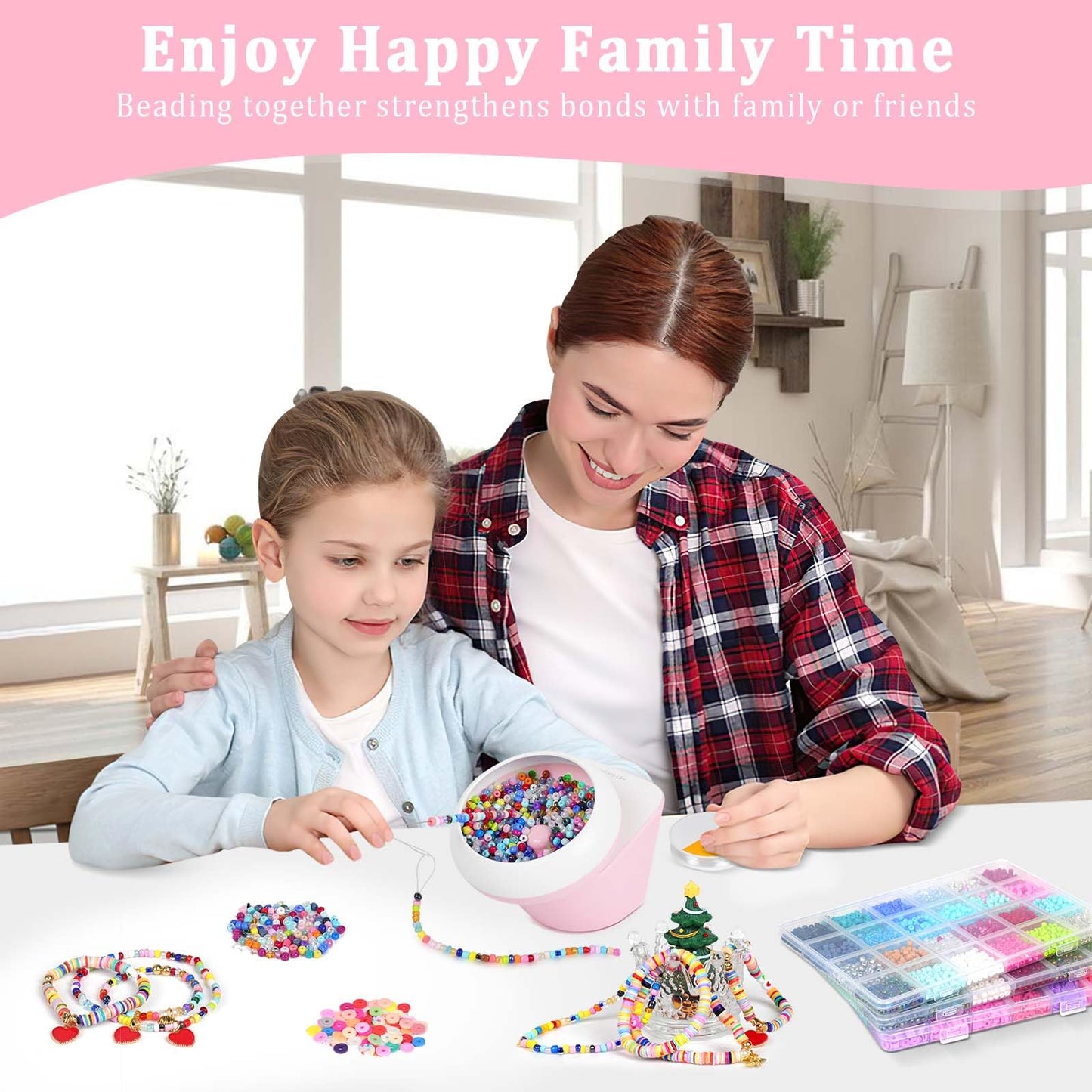 Myartype Clay Bead Spinner and Seed Bead Spinner, 2-in-1 Electric Bead Spinner for Jewelry Making, Bracelet Spinner and Necklace Making Machine with Bead Needles and Thread (Pink)