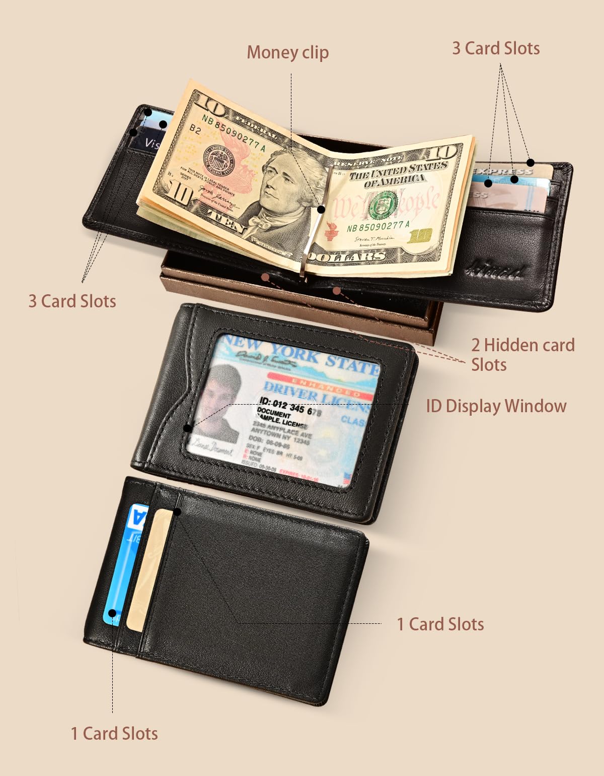 kinzd Slim Wallet with Money Clip RFID Blocking Minimalist Bifold Wallet for Men Genuine Leather Front Pocket Card Holder AS137 - #Nappa Black