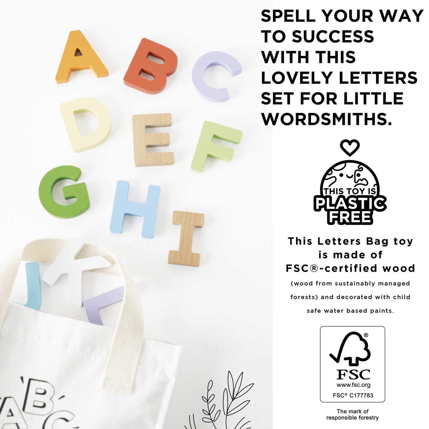Le Toy Van - Wooden Letters in a Bag Toy, Plastic Free | Suitable for Age 18+ Months