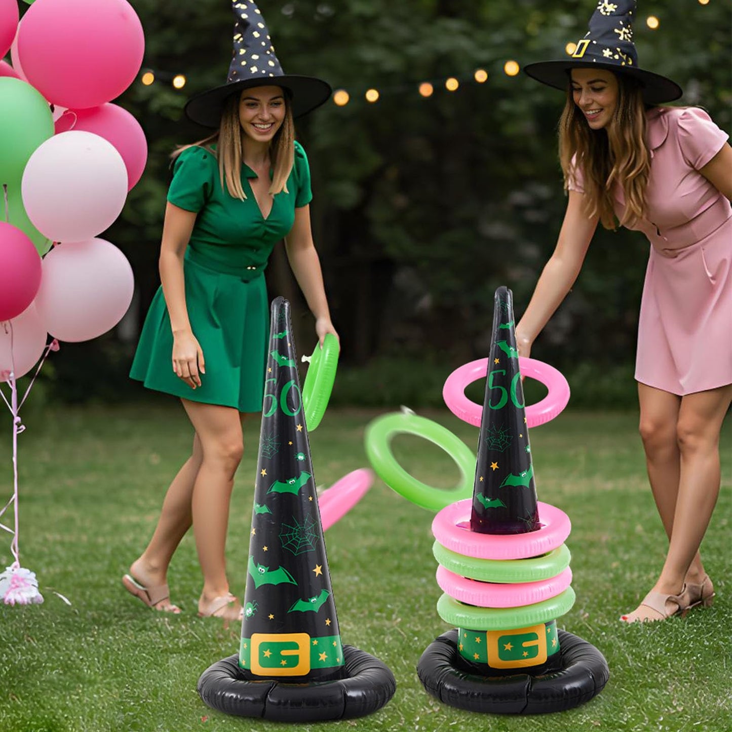 Leitee 10 Pcs Inflatable Witch Hat Ring Toss Game Set Carnival Pink and Green Inflatable Ring Toss for Witch Themed Birthday Party Decoration Indoors Outdoors(Macabre)