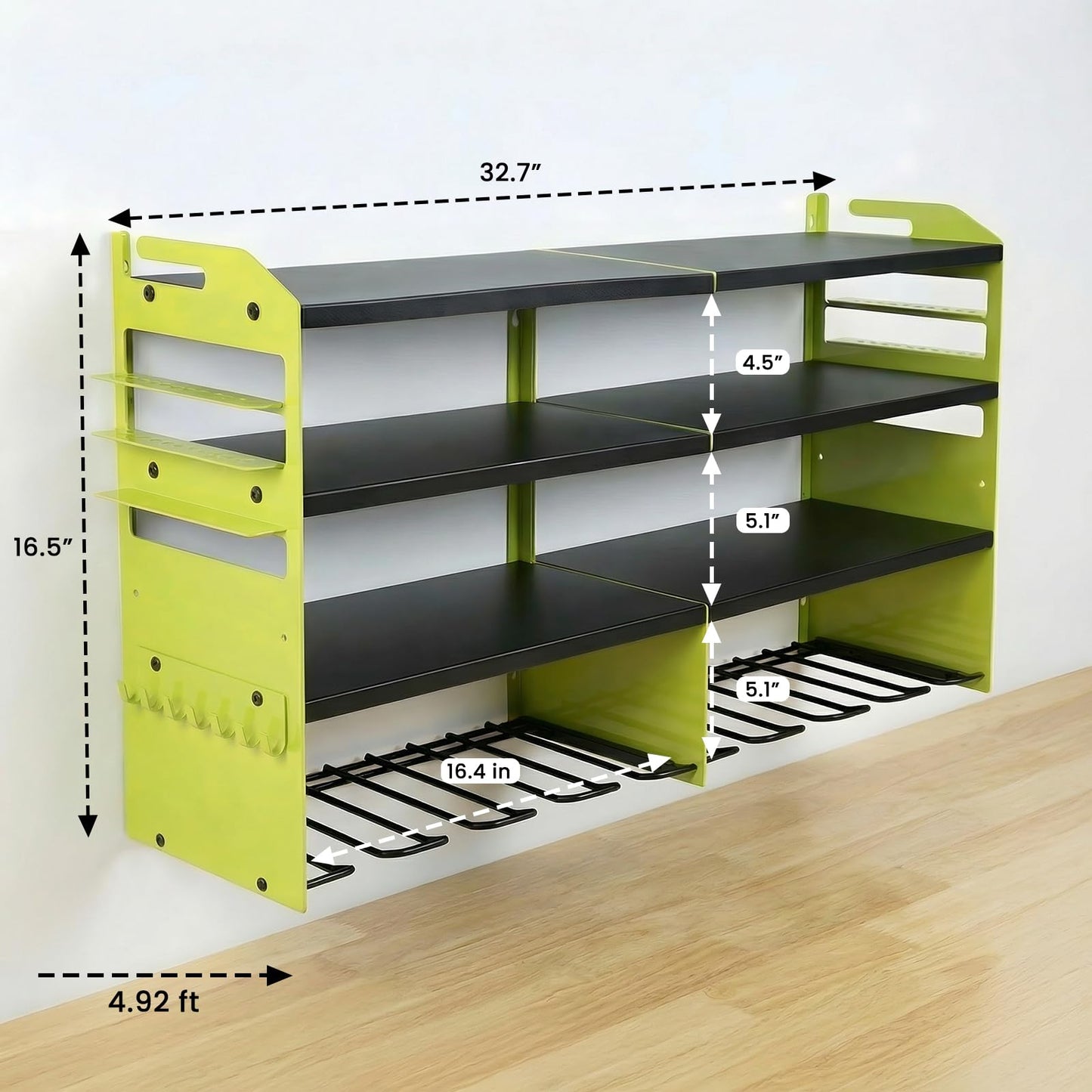 TimberAura 4-Tier Heavy Duty Power Tool Organizer, 600lbs Capacity Reinforced Steel Drill Rack with Side Accessory Mounting Studs, High-Visibility Wall Mount Storage, Fluorescent Green