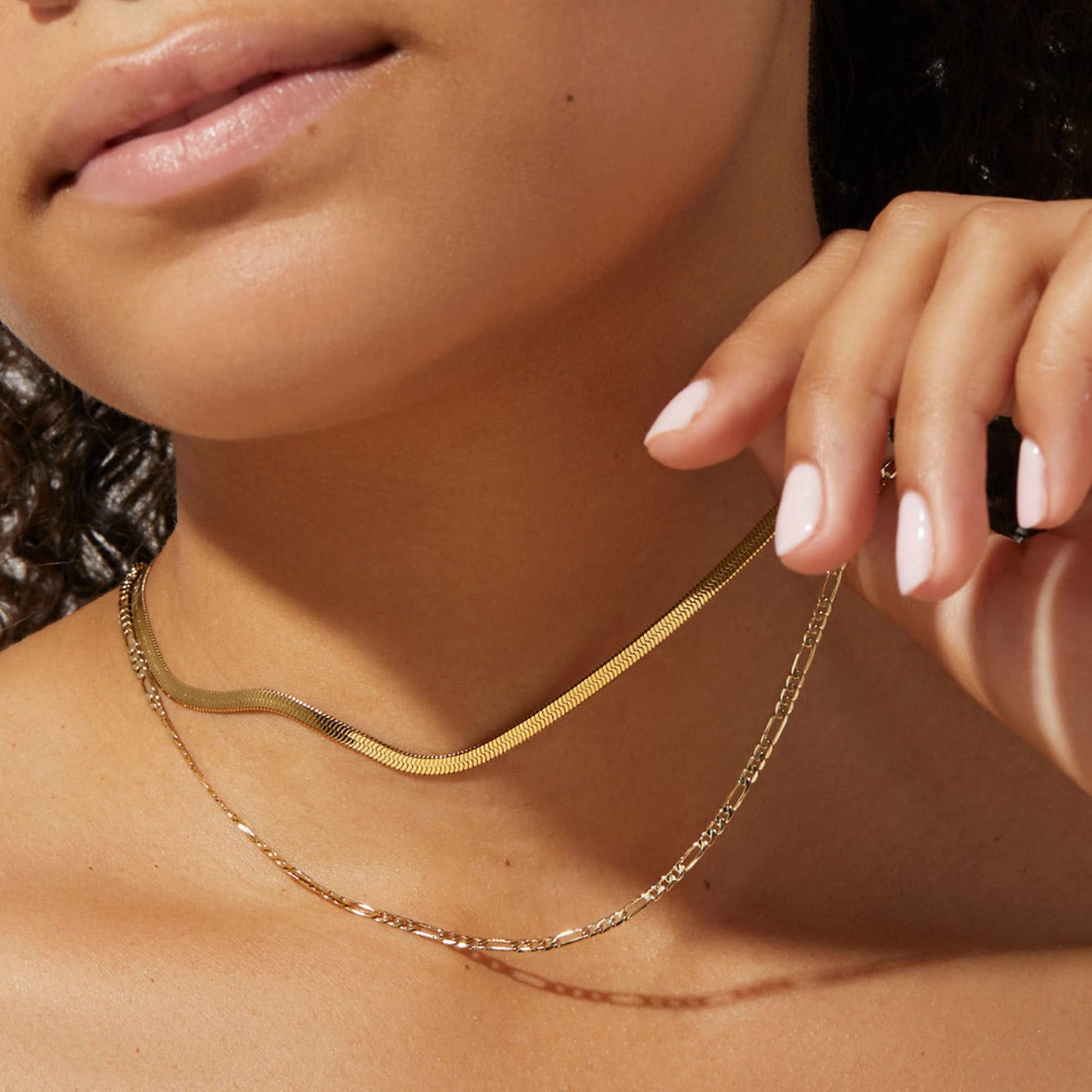 Freekiss Layered Gold Necklace for Women - 14K Gold Filled Herringbone, Stackable Cuban Figaro Beaded Link Chain, Dainty Gold Choker