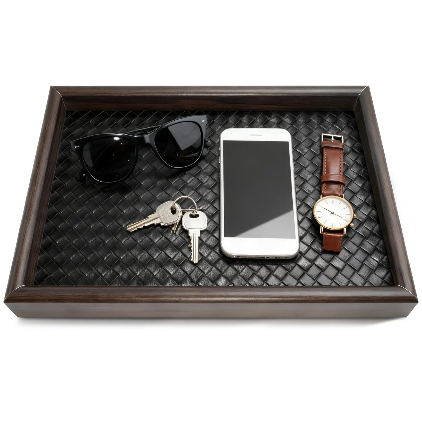 Wooden Valet Tray Desk Organizer with Leather Base,Nightstand, Entryway Bedside Dump Holder for Wallets, Keys, Watches, Jewelry & Sunglasses