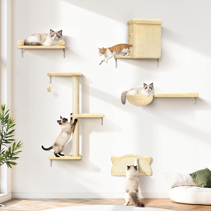 5-in-1 Cat Wall Shelves, Solid Wood Cat Wall Furniture Set for Indoor Cats