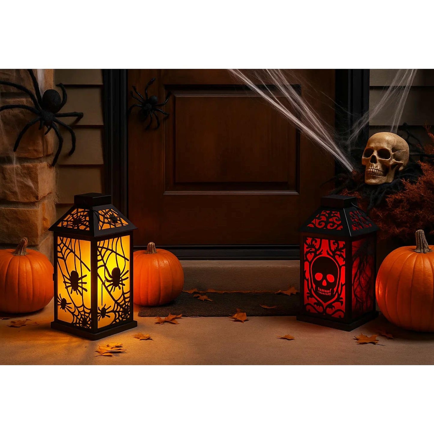 VELA LANTERNS 11.5" Halloween Skull Candle Lantern - Decorative Spooky Tabletop Light for Haunted House, Gothic Home, Front Porch & Party Decor, Metal with Frosted Glass (Candle NOT Included)