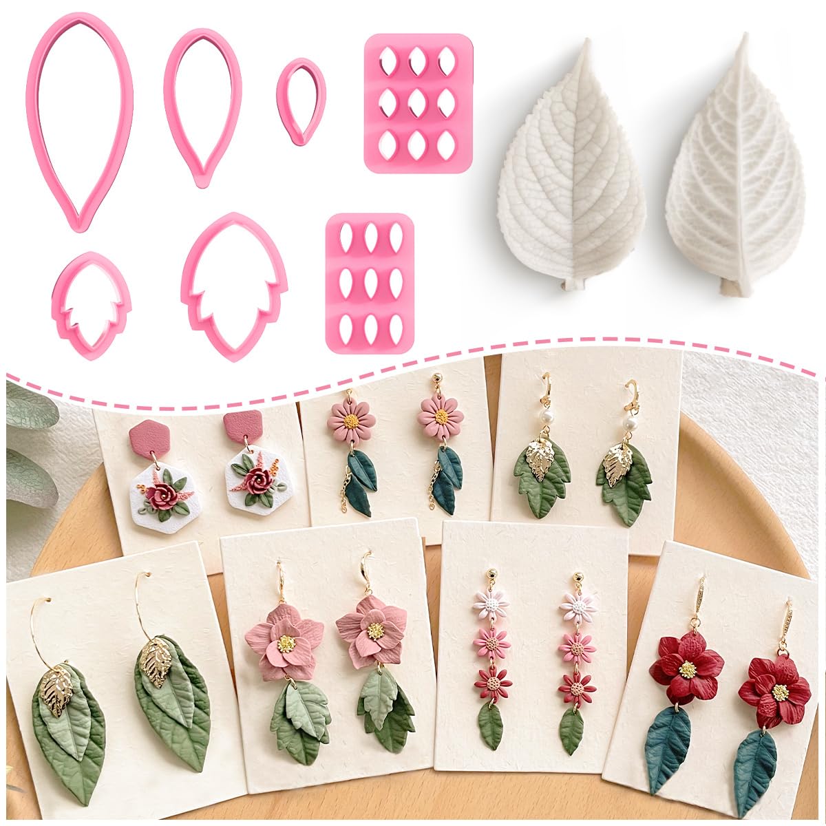 Keoker Leaf Clay Cutters Set, 7 Shapes Polymer Clay Leaf Cutters with Polymer Clay Press Mold, Polymer Clay Earring Molds, Spring Polymer Clay Earring Cutters, Polymer Clay Earring Tools