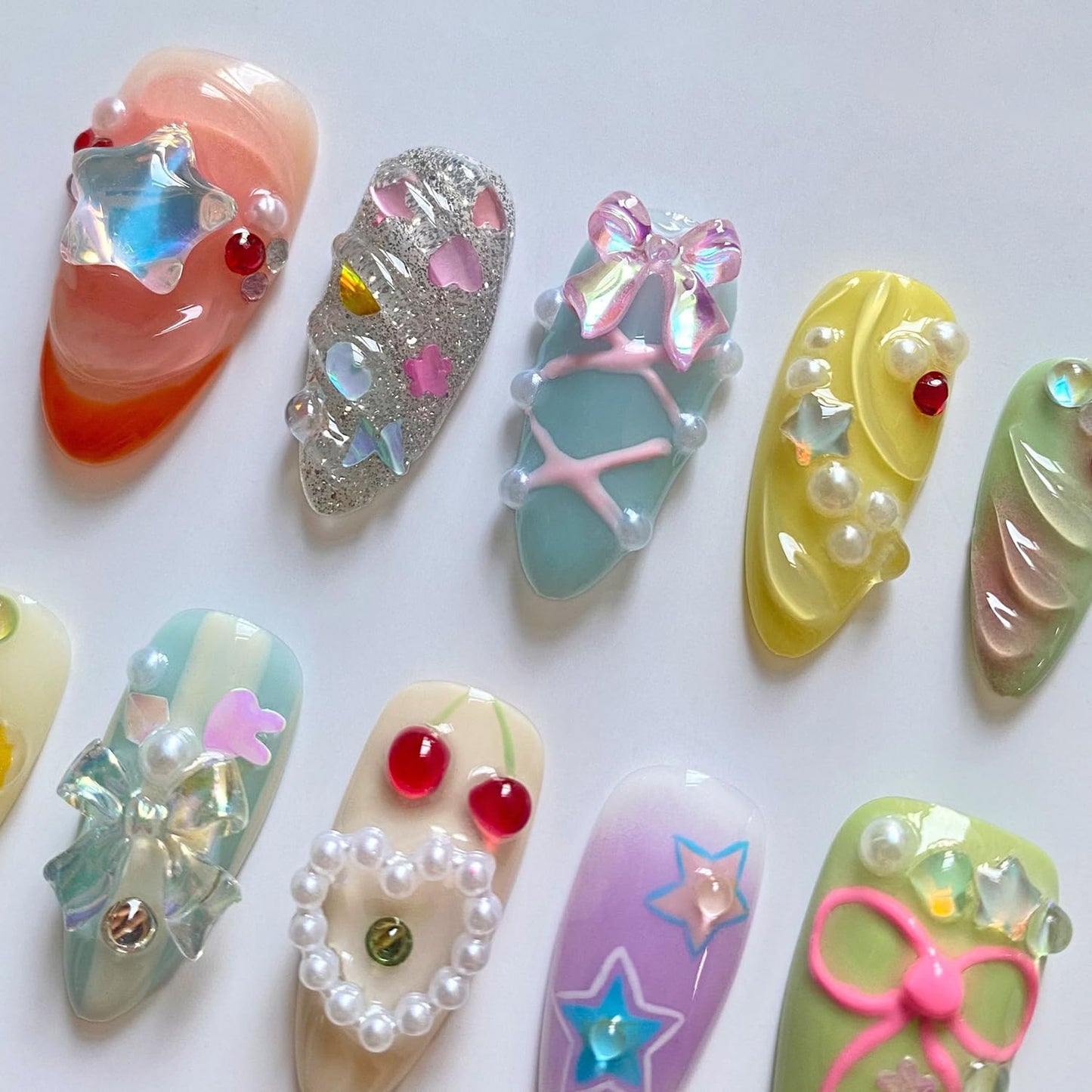 Luxury Press on Nails Cute Short Almond Handmade Nails 3D Unique Reusable ABS Material Fake Nails Bow Star Heart Pearl Charm False Nails with Designs Glossy Thick Acrylic Nails(M)