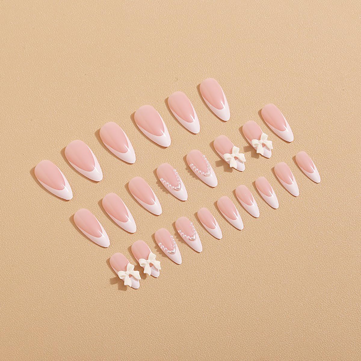 FDSQHSA 24 Pcs White French Tip Press on Nails Short Almond Gel False Nails with Pearl Designs Bow, Full Cover Stick on Nails for Women And Girl