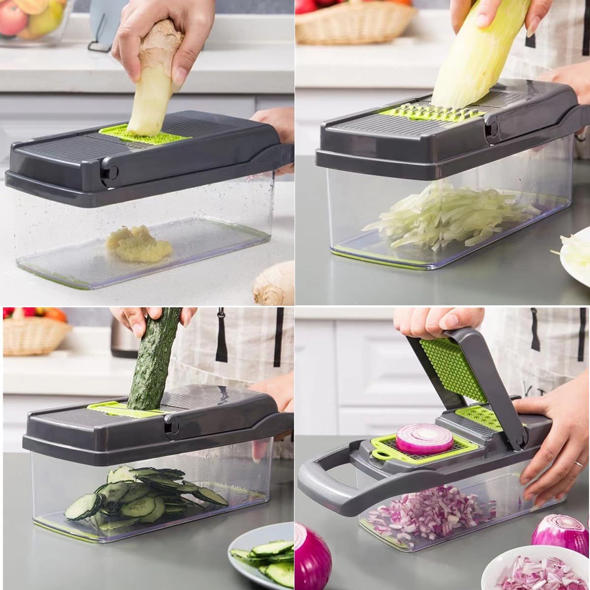 Vegetable Chopper with Container, Multifunctional 14-in-1 Food Veggie Chopper Cutter Slicer for Salad Onion Potato Carrot Garlic, Essential Kitchen Gadgets (Gray)