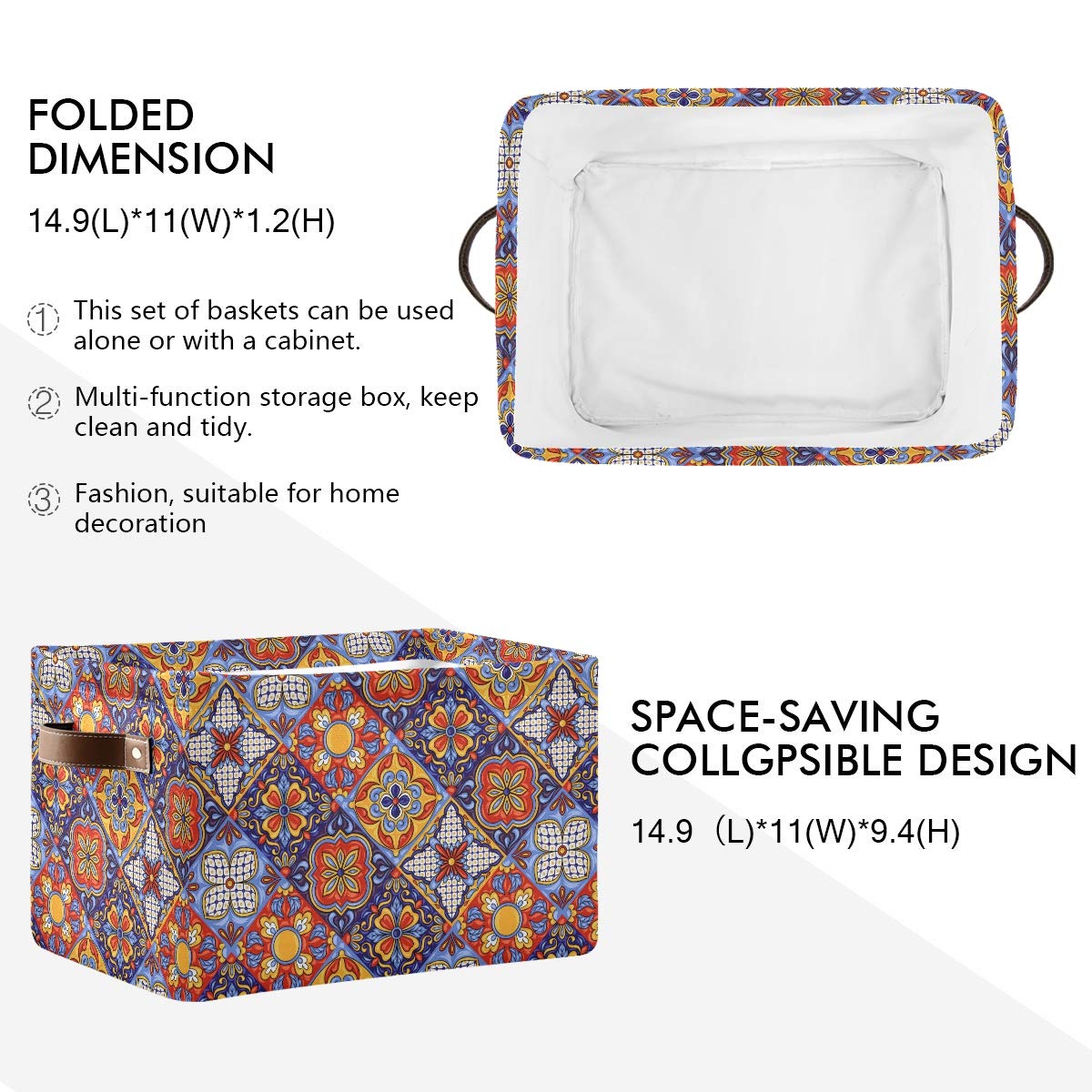 KEEPREAL Foldable Storage Baskets, Mexican Ceramic Tile Pattern Storage Bins with Handles, Decorative Cloth Organizer Storage Boxes for Home|Office 15 x 11 x 9.5 in