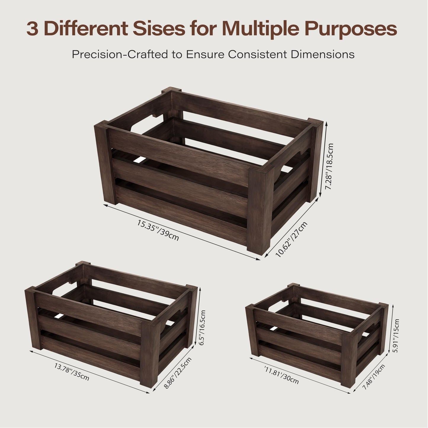 HFYFYXGS Wooden Crates for Storage and Display - Set of 3 Heavy Duty Nesting Wood Crates, Rustic Farmhouse Decorative Storage Boxes for Shelves, Pantry & Home Organization (L/M/S)
