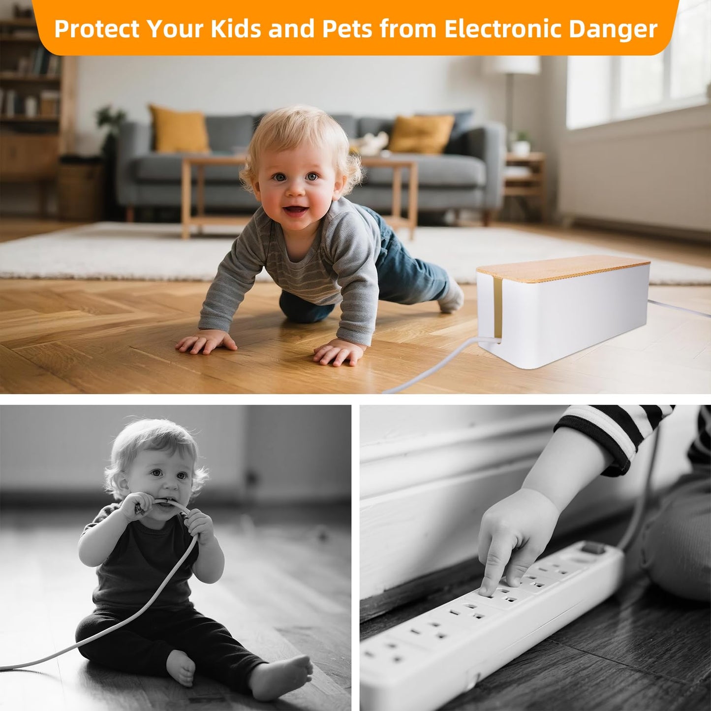2 Pack Cable Management Box – Child and Pet-Proof Cord Organizer with Bamboo-Style Design, Large Capacity Cable Cover for Hiding TV Wires, Computer Cables, Power Strips,and USB Hubs, White