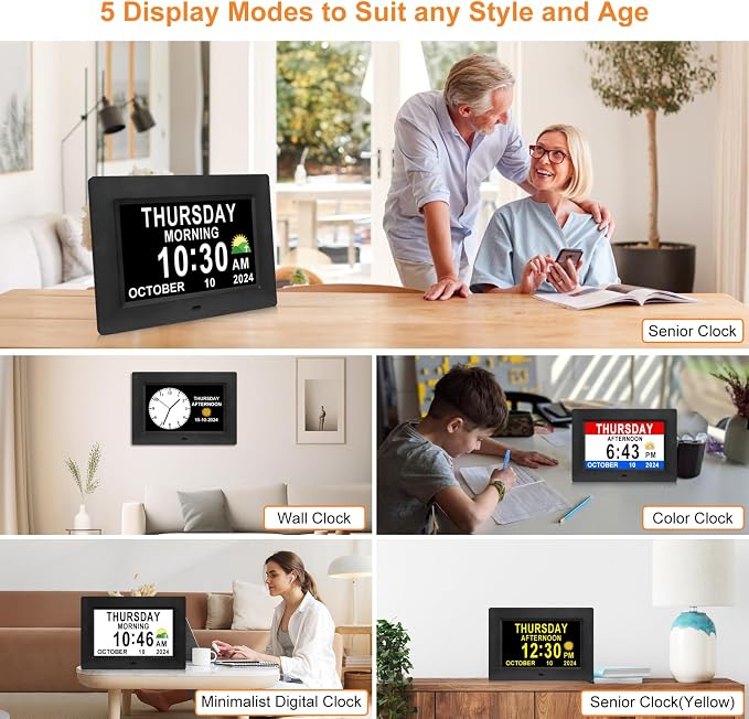 SSINI Digital Calendar Dementia Alarm Clock with Day and Date for Elderly - 15 Alarms 5 Colors Display Large Display Alzheimers Clock Large Digital Clock for Seniors (7in Black)