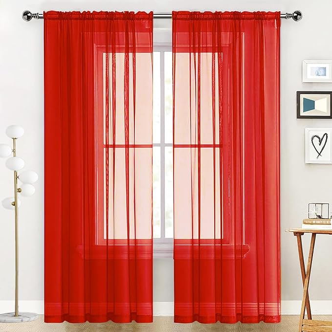 SpaceDresser Basic Rod Pocket Sheer Voile Window Curtain Panels Red 1 Pair 2 Panels 52 Width 96 Inch Long for Kitchen Bedroom Children Living Room Yard(Red,52 W x 96 L)