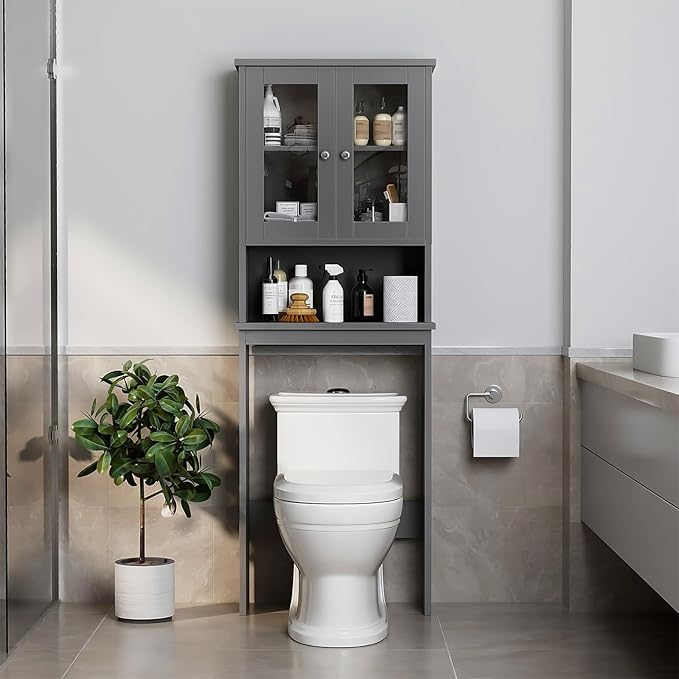 Meilocar Over The Toilet Storage Cabinet, Bathroom Storage Cabinet Over Toilet, Space Saver with 2 Tempered Glass Doors, Grey