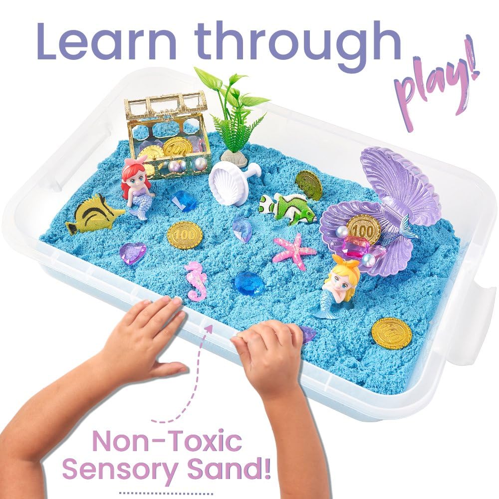 Sensationally OT 38 PCS Mermaid Sensory Bin with 2 lb Magic Sand, Ocean Molds & Treasure Accessories – Creative Sand Play Gift for Girls Ages 3–8