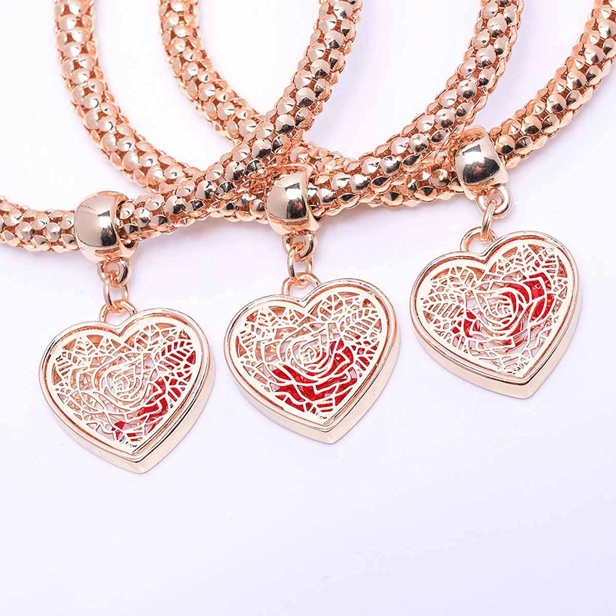 SILANER Crystal Love Charms Multilayer Bracelets - 3PCS Gold/Silver/Rose Gold Corn Chain Bracelet for Women, Rose Heart Charm Shaped Stretch Bracelet