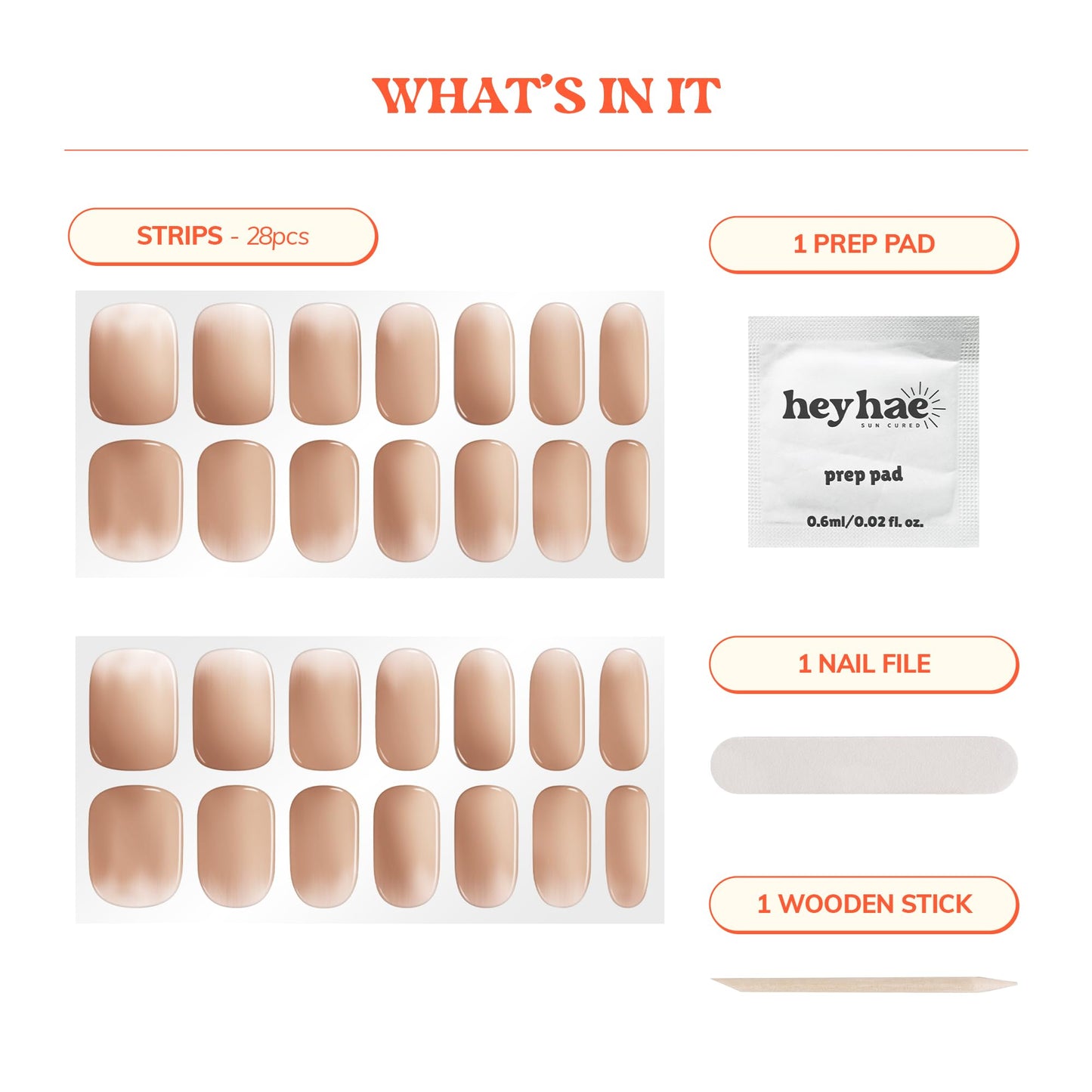 Heyhae Semi Cured Gel Nail Strips | No LED Lamp Needed | Ombre, Nude | Easy Apply & Remove, Salon Quality | Includes 28 Strips, 1 Prep Pads, Nail File & Wooden stick - Hey, You're Gorgeous
