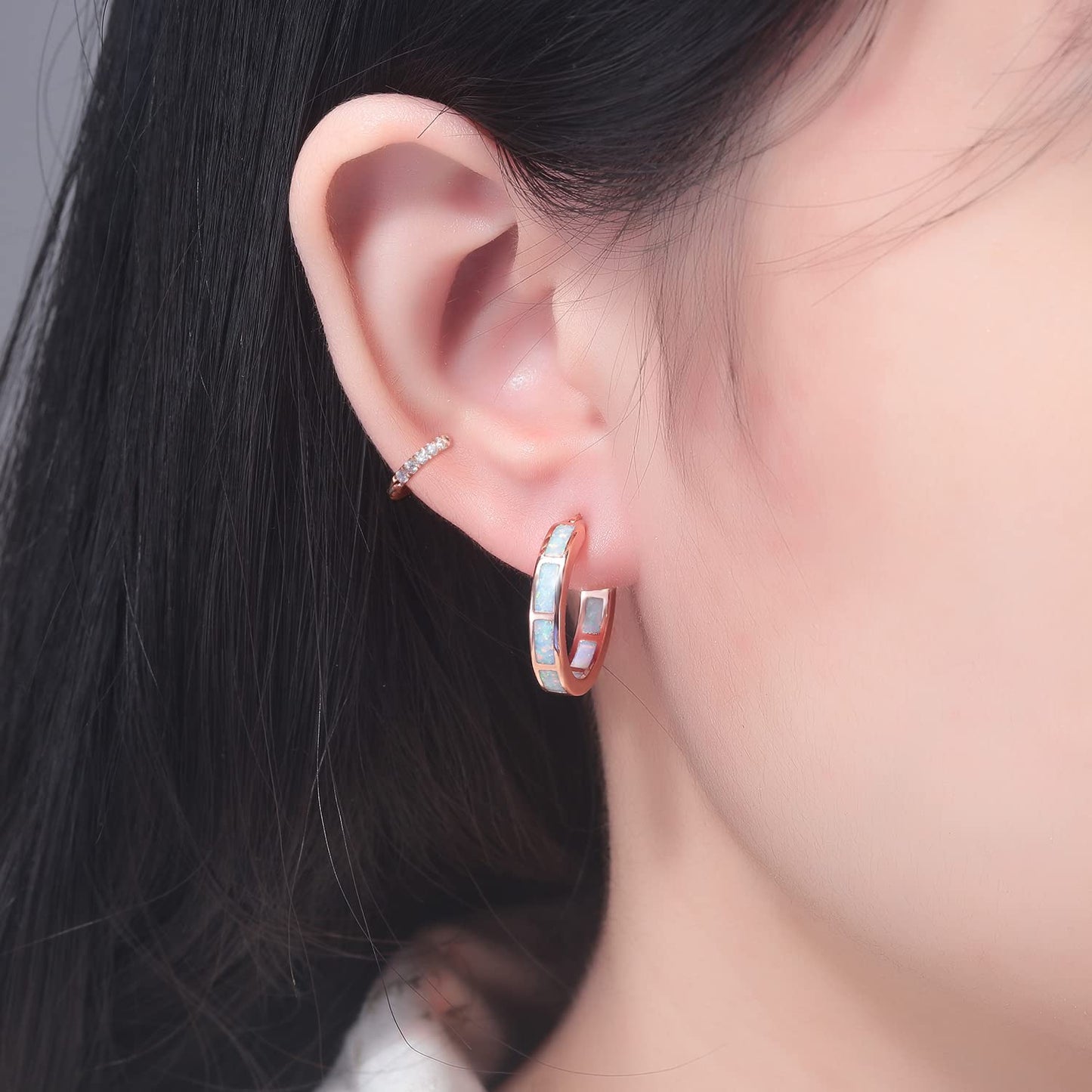 CiNily 2 Pairs Hoop Earring Set for Women Rose Gold Plated Opal Small Hoop Earring Hypoallergenic Cubic Zirconia Tiny Earrings
