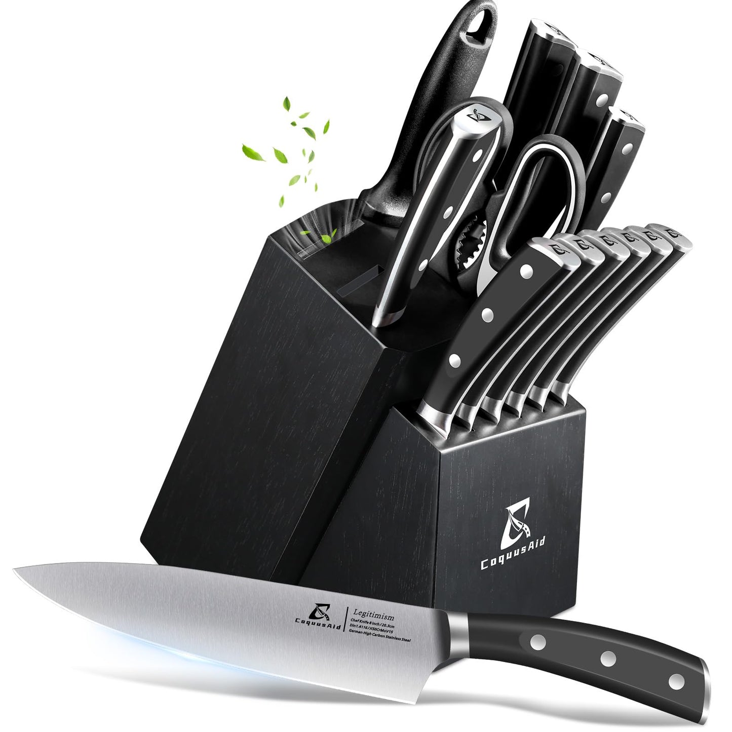 CoquusAid Knife Set, Upgrade 15 Pcs Knife Block Set with Widened Ventilated Slot, German Stainless Steel Kitchen Knives Set with Sharpener, Professional Chef Knives Set, Full Tang Ergonomic Handle