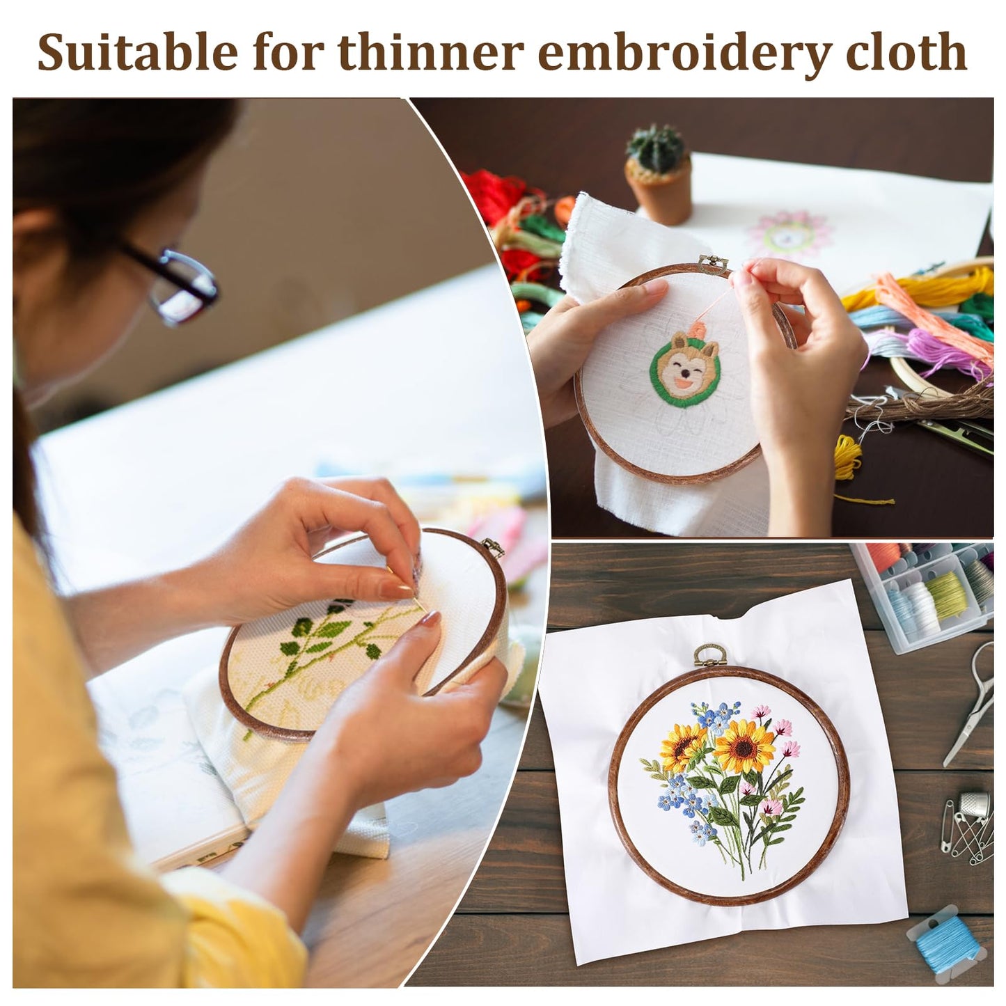 OwnMy 6PCS Embroidery Hoops with Hanging Rings - Decorative Imitated Wood Embroidery Hoop Frames for Display, 3 Oval and 3 Circle Cross Stitch Hoops for DIY Sewing Crafts