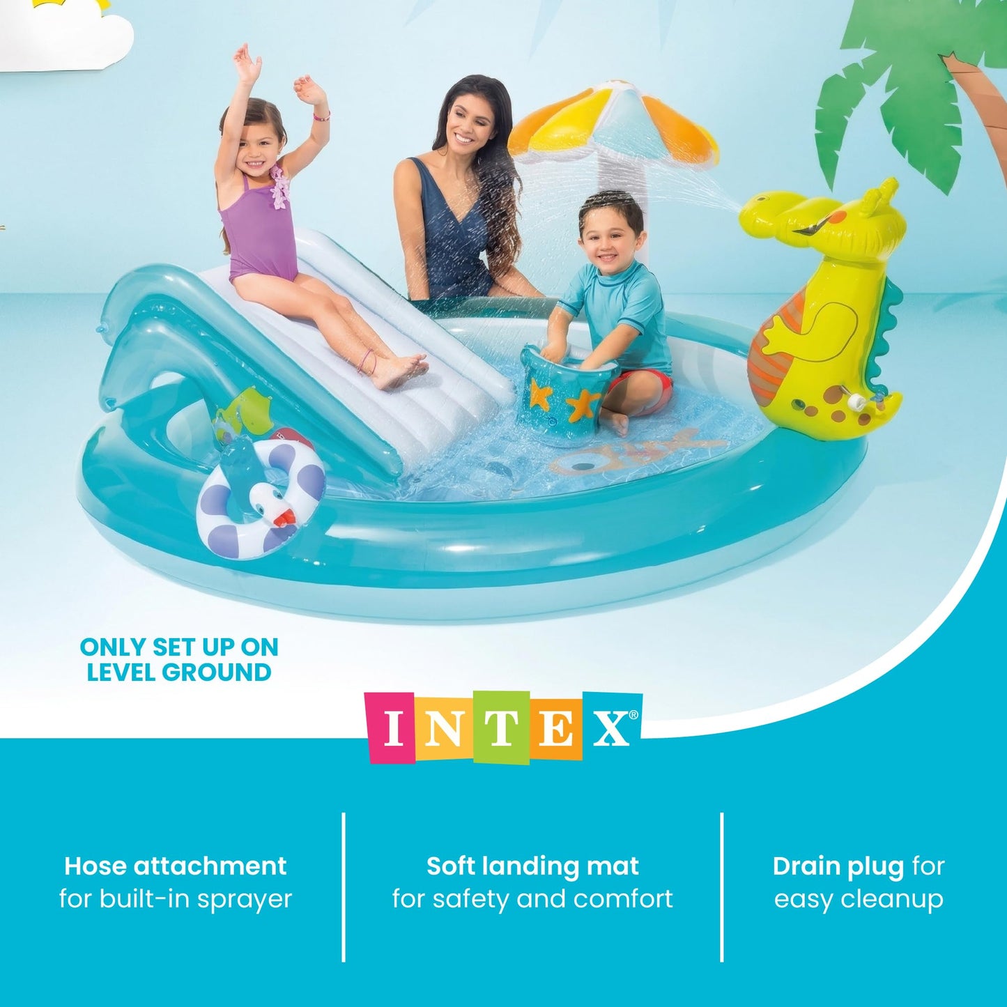 Intex Gator 6.6' x 5.6' x 4" Outdoor Inflatable Kiddie Pool Water Play Swim Center
