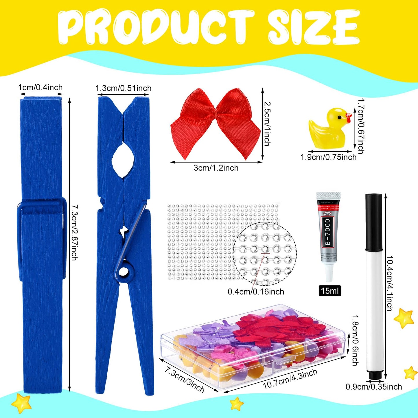 Dingion 60 Set Cheer Pins Spirit Clips Include 60 Wooden Clothes Pin Resin Ducks Bows Self Adhesive Glitter Sticker Pen Glue Ribbon for DIY Cheer Accessory Schoolbag Decor Team Craft Gift(Blue)