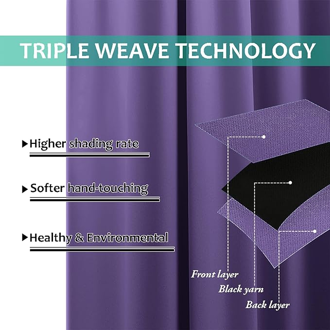 NICETOWN 100% Blackout Curtains with Black Liners, Thermal Insulated Full Blackout 2-Layer Lined Drapes, Energy Efficiency Window Draperies for Bedroom (Lilac Purple, 2 Panels, 70-inch W by 63-inch L)