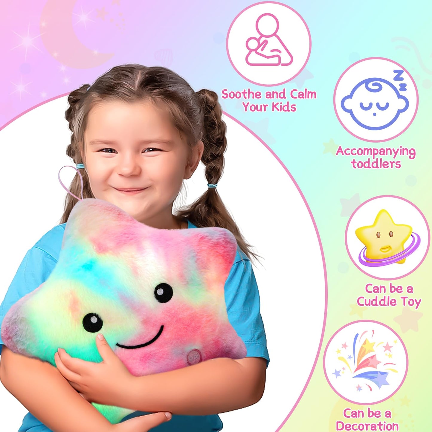 Subao Sensory Toys for Toddlers,14" Star Plush Soft Toddler Pillow Light Up Autism ADHD Toys,Special & Autism Needs,Birthday Xmas Gifts for Girls Age 3 4 5 6 7 8 9 10 11 Colorful