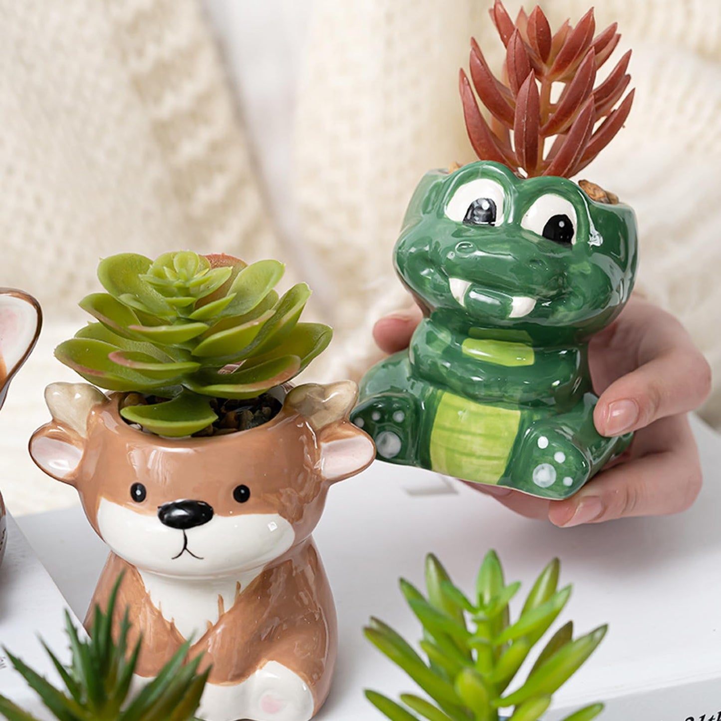DIYOMR Cute Animals Planter, Mini Ceramic Cartoon Animal Shaped Succulent Flower Pot Indoor Air Plants Holder, Smooth Shiny Decorative Flower Cactus Planter - Plants Not Included (Hippo)