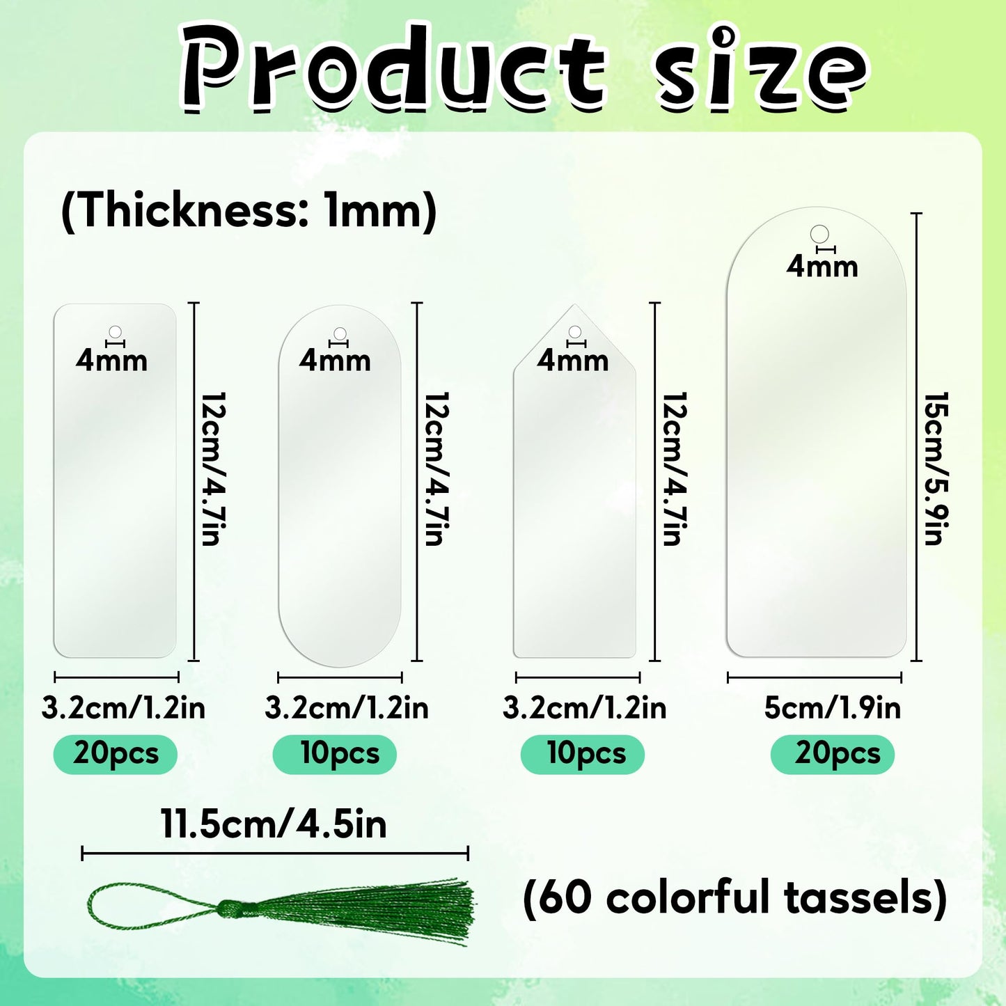 60PCS Acrylic Bookmark Blanks, DIY Bookmark Making Kit Bulk Bookmarks with Tassels for Adults Teacher, Plastic Plain Transparent Clear Blank Book Marks Decorating Supplies for Crafts (4 Shape)