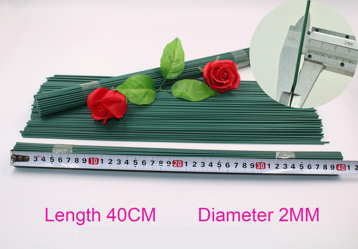 Green Floral Stems Wire 15.7 Inch 2 Gauge 100PCS for Flower Arrangements Crafts, Artificial Floweres Wire Stems for Floral Stick, DIY Plant