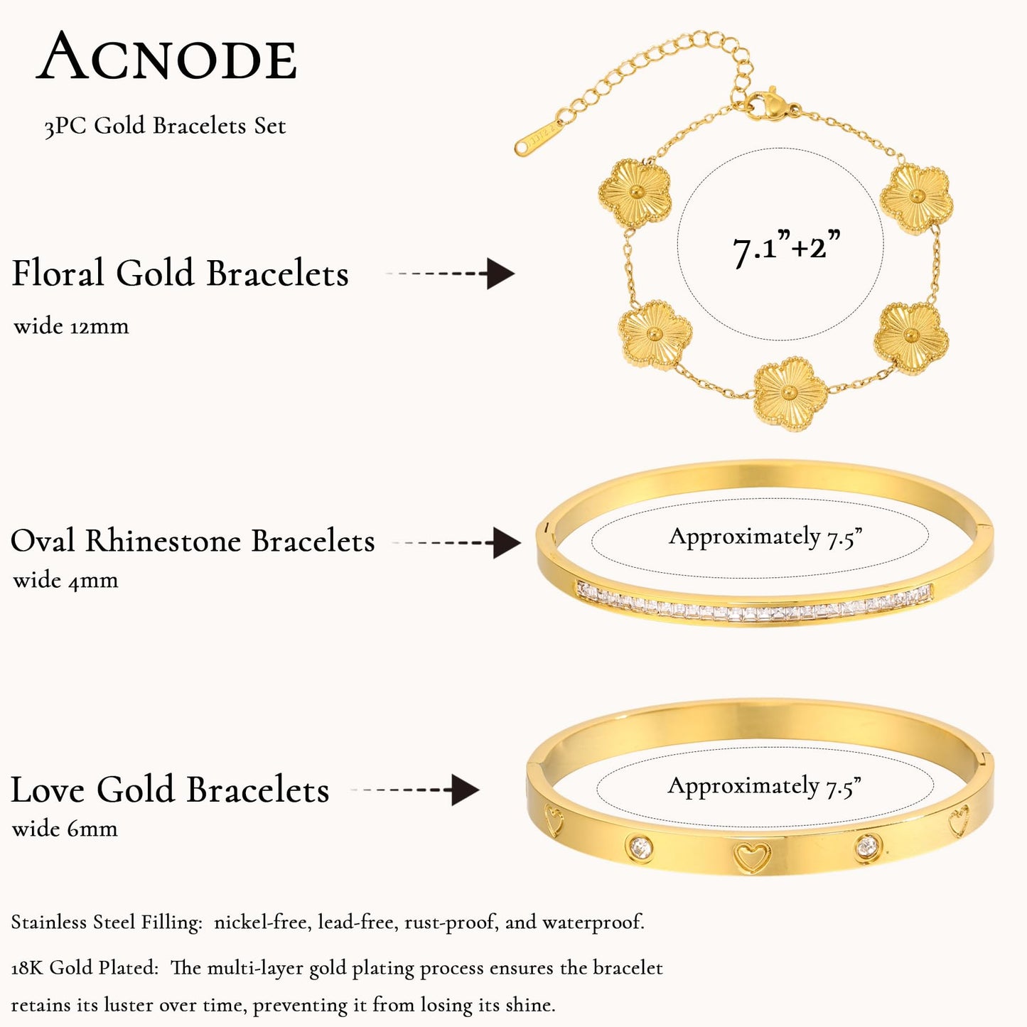 Acnode Gold Clover Bracelets for Women - Stackable Stainless Steel Nail Bracelet, Friendship & Love Bangle - Trendy Jewelry Set, Ideal Birthday Gift (Gold 3PCS)