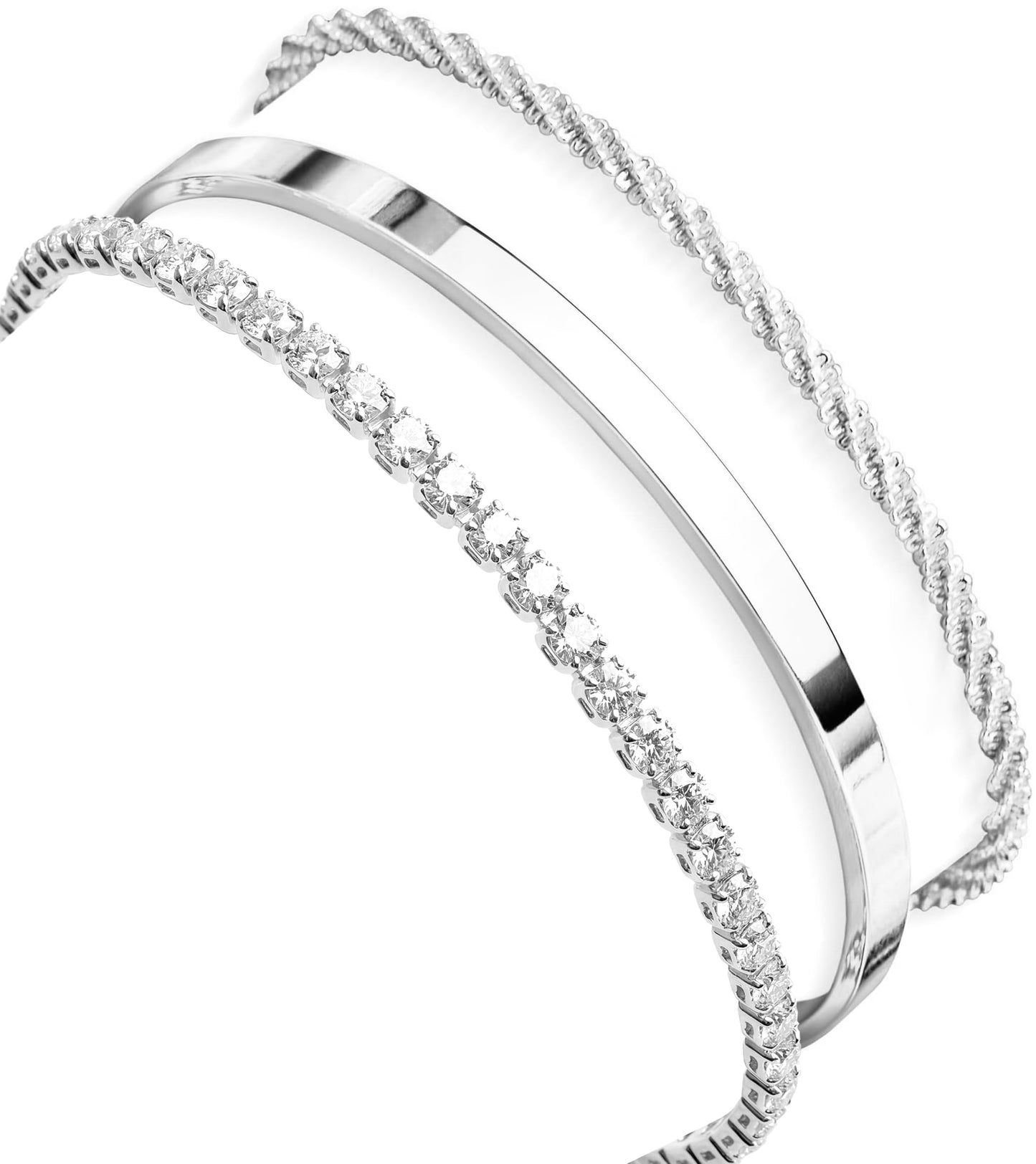 Poxtex Silver Cuff Bracelets Set for Women - 3 Pcs Stackable Open Bangles, Cubic Zirconia Tennis, Stardust & Thin Polished Band, Non Tarnish Stainless Steel Jewelry Gifts
