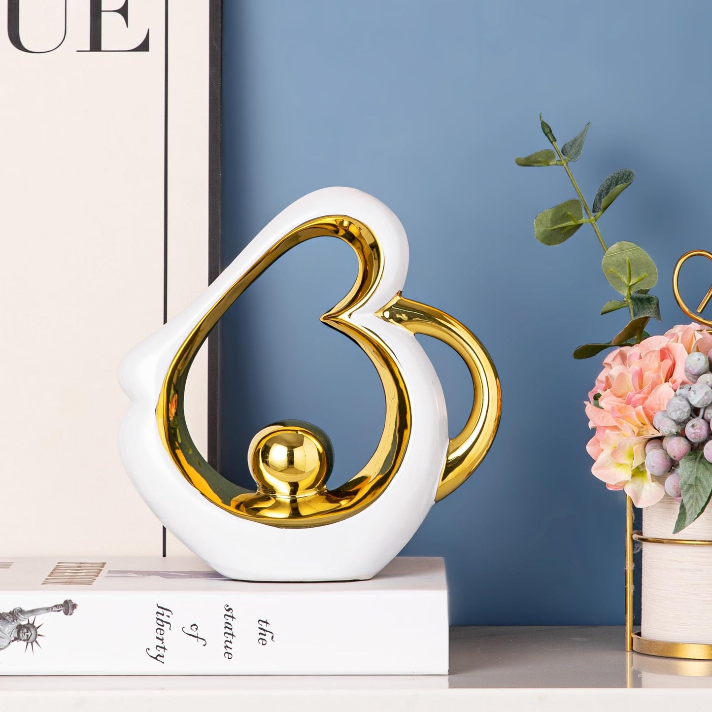 TZIZO Gold Sculpture Coffee Table Decor, Dining Room Table Centerpieces, Ceramic Statue Abstract Sculptures Home Decorations, Modern Art Heart Shape Mantle Decor for Living Room